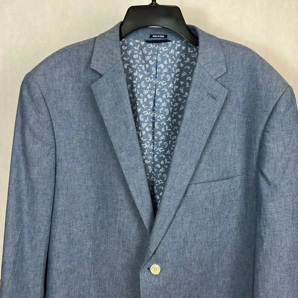 Crown & Ivy Mens Chambray Sport Coat Blazer Sz 48R Cotton Linen Blend Two Button